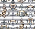 Seamless texture with vintage multicolored cartoon anchors with paper ribbon in row with striped background. Hand drawn illustrati Royalty Free Stock Photo